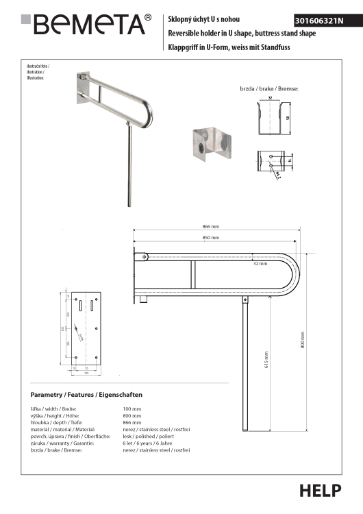 Poręcz łazienkowa składana w kształcie U 850 mm z nogą podporową stal nierdzewna 301606321N  rysunek techniczny