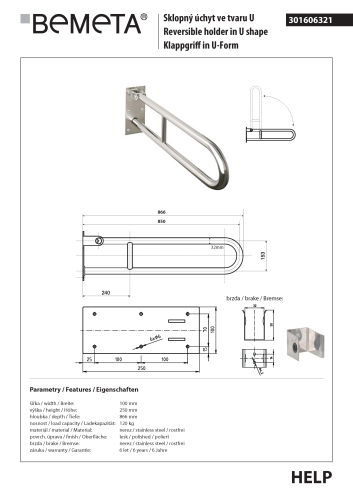 Poręcz łazienkowa składana w kształcie U 850 mm stal nierdzewna 301606321 rysunek techniczny