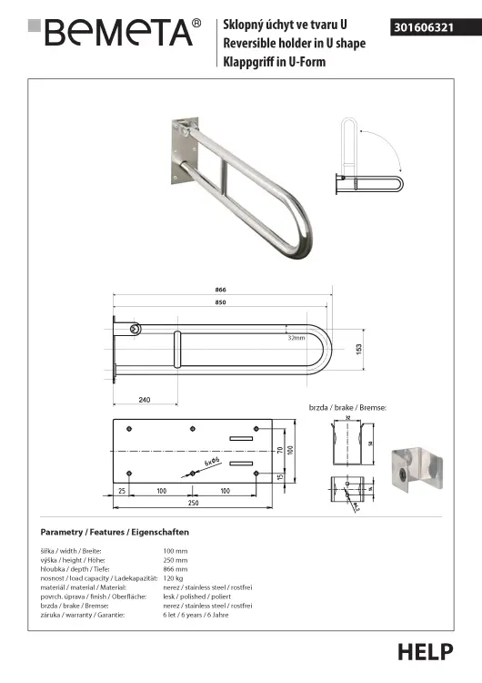 Poręcz łazienkowa składana w kształcie U 850 mm stal nierdzewna 301606321 rysunek techniczny