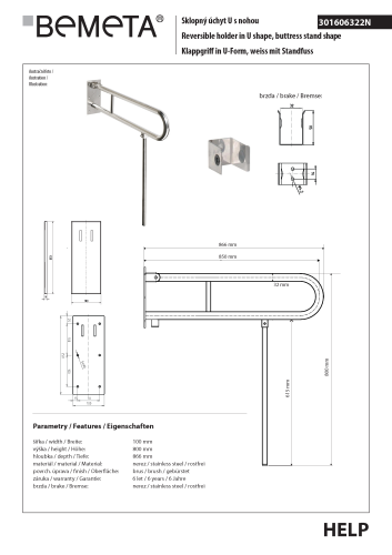 Poręcz łazienkowa składana w kształcie U 850 mm z nogą podporową stal szczotkowana 301606322N rysunek techniczny