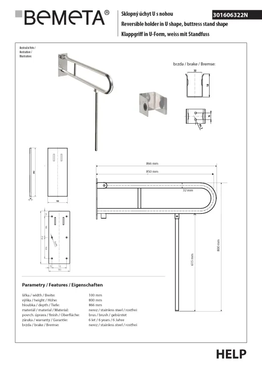 Poręcz łazienkowa składana w kształcie U 850 mm z nogą podporową stal szczotkowana 301606322N rysunek techniczny