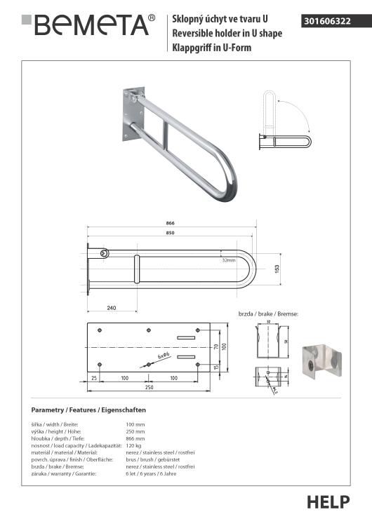 Poręcz łazienkowa składana w kształcie U 850 mm stal szczotkowana 301606322 rysunek techniczny