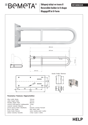 Poręcz łazienkowa składana w kształcie U 850 mm biała 301606324 rysunek techniczny