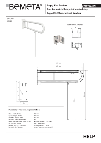 Poręcz łazienkowa składana w kształcie U 850 mm z nogą podporową biała 301606324N  rysunek techniczny