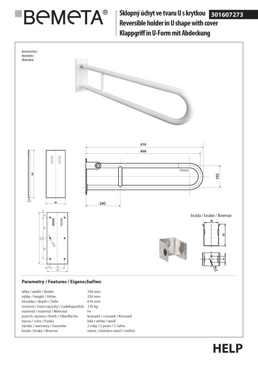 Poręcz łazienkowa uchylna w kształcie U 60cm z kołnierzem osłonowym biała 301607273 rysunek techniczny