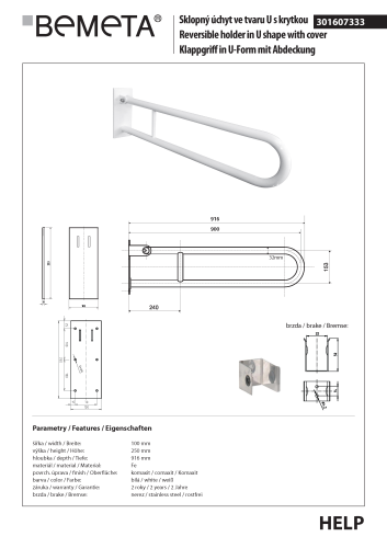 Poręcz łazienkowa składana w kształcie U 900 mm z kołnierzem osłonowym biała 301607333  rysunek techniczny