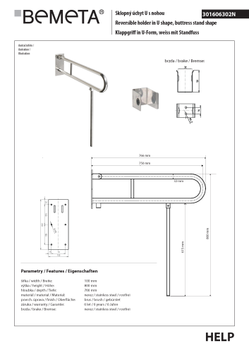 Poręcz łazienkowa składana w kształcie U 750 mm z nogą podporową stal szczotkowana 301606302N rysunek techniczny