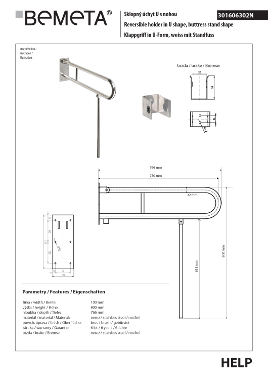 Poręcz łazienkowa składana w kształcie U 750 mm z nogą podporową stal szczotkowana 301606302N rysunek techniczny
