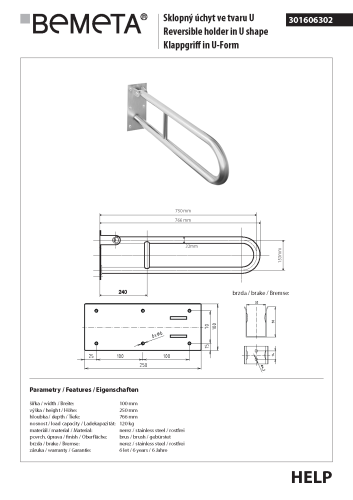 Poręcz łazienkowa składana w kształcie U750 mm stal szczotkowana 301606302  rysunek techniczny