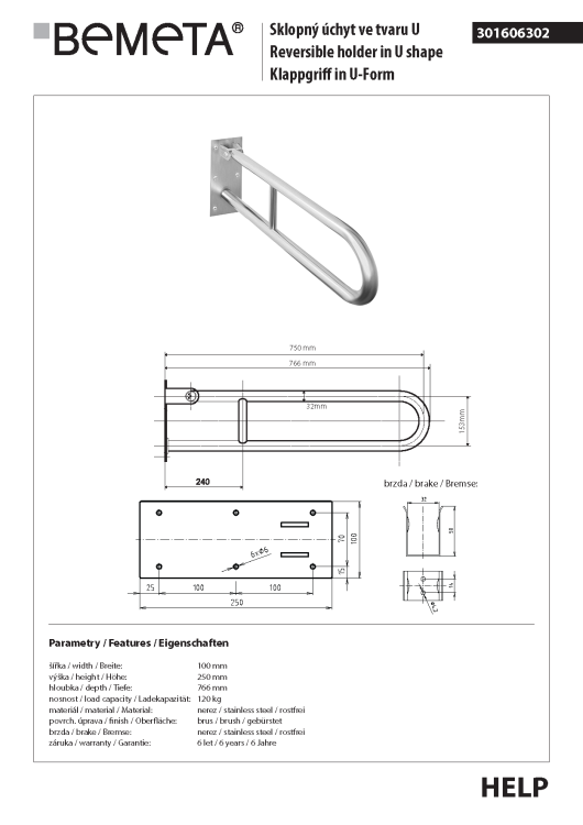 Poręcz łazienkowa składana w kształcie U750 mm stal szczotkowana 301606302  rysunek techniczny