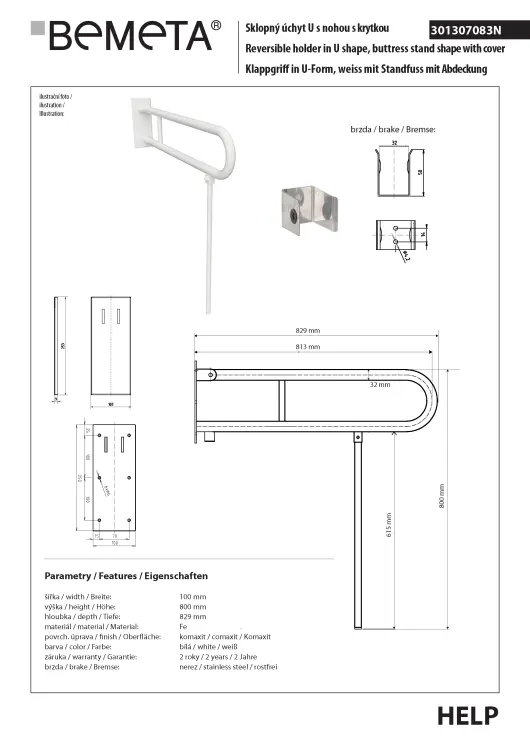 Poręcz łazienkowa składana w kształcie U813 mm z nogą podporową z kołnierzem osłonowym biała 301307083N rysunek techniczny