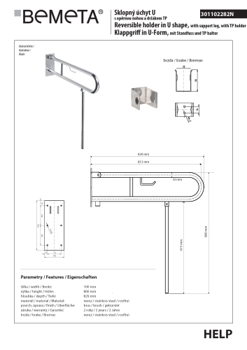 Poręcz łazienkowa składana w kształcie U 813 mm z nogą podporową z uchwytem na papier stal szczotkowana 301102282N rysunek techniczny
