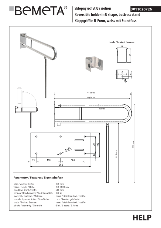 Poręcz łazienkowa składana w kształcie U 600 mm z nogą podporową stal szczotkowana 301102072N  rysunek techniczny