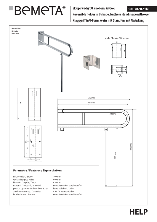 Poręcz łazienkowa składana w kształcie U 600 mm z nogą podporową z kołnierzem osłonowym stal nierdzewna 301307071N rysunek techniczny