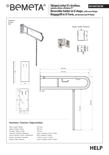 Poręcz łazienkowa składana w kształcie U 750 mm z nogą podporową z uchwytem na papier z kołnierzem osłonowym stal nierdzewna 301407301N rysunek techniczny