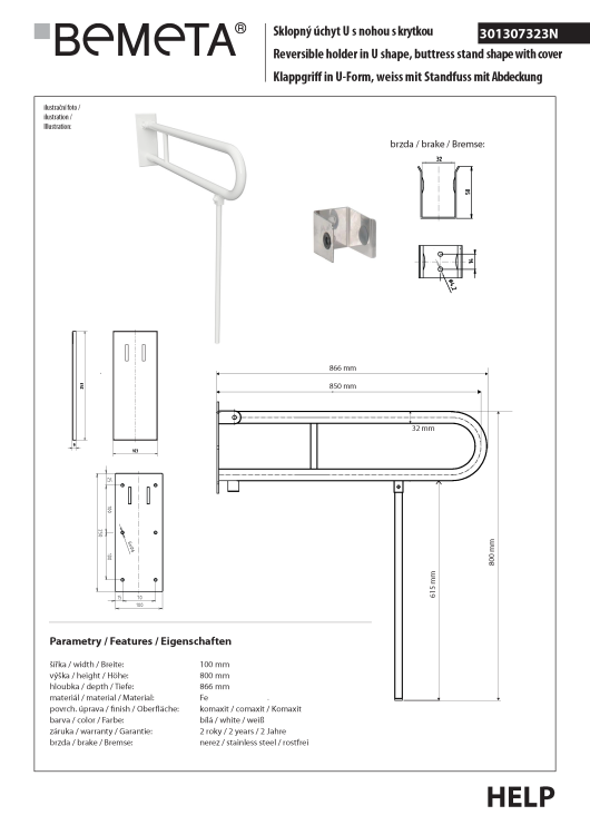 Poręcz łazienkowa składana w kształcie U 850 mm z nogą podporową z kołnierzem osłonowym biała 301307323N rysunek techniczny