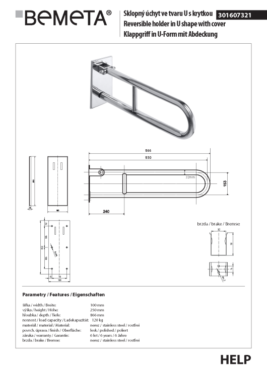 Poręcz łazienkowa uchylna w kształcie U 85cm z kołnierzem osłonowym stal nierdzewna 301607321 rysunek techniczny