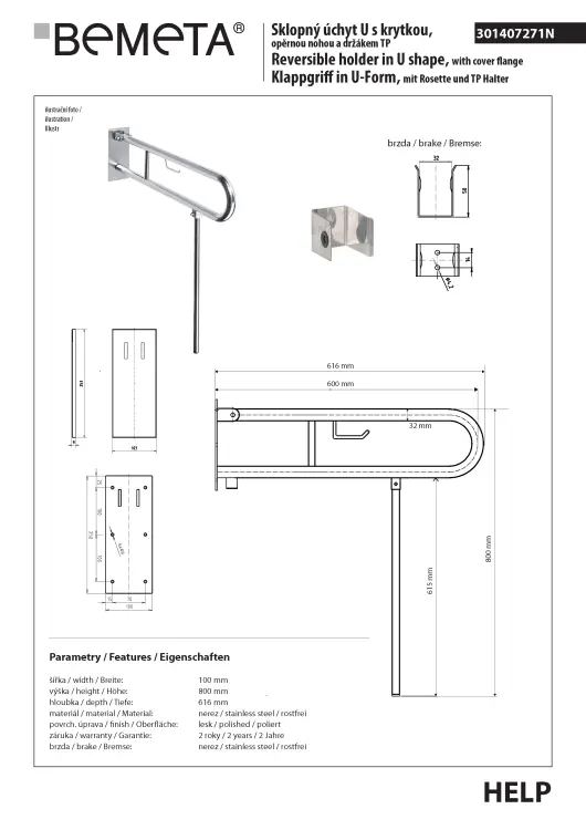 Poręcz łazienkowa składana w kształcie U 850 mm z nogą podporową z uchwytem na papier z kołnierzem osłonowym stal szczotkowana 301407322N wymiary