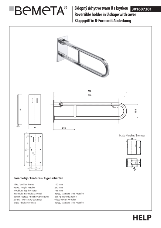 Poręcz łazienkowa uchylna w kształcie U 75cm z kołnierzem osłonowym stal nierdzewna 301607301 rysunek techniczny