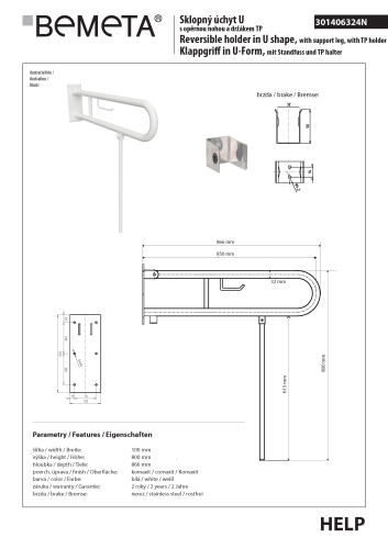 Poręcz łazienkowa składana w kształcie U 850 mm z nogą podporową z uchwytem na papier biała 301406324N rysunek techniczny