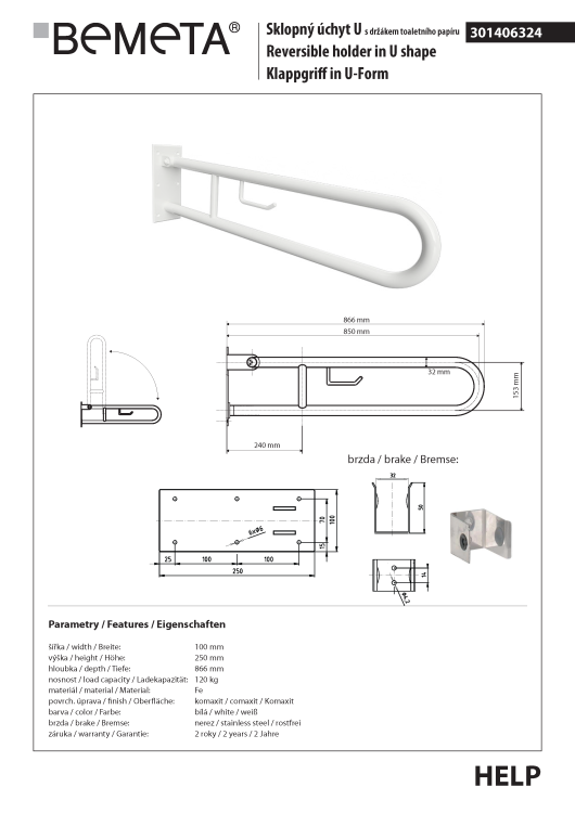 Poręcz łazienkowa składana w kształcie U 850 mm z uchwytem na papier biała 301406324  rysunek techniczny