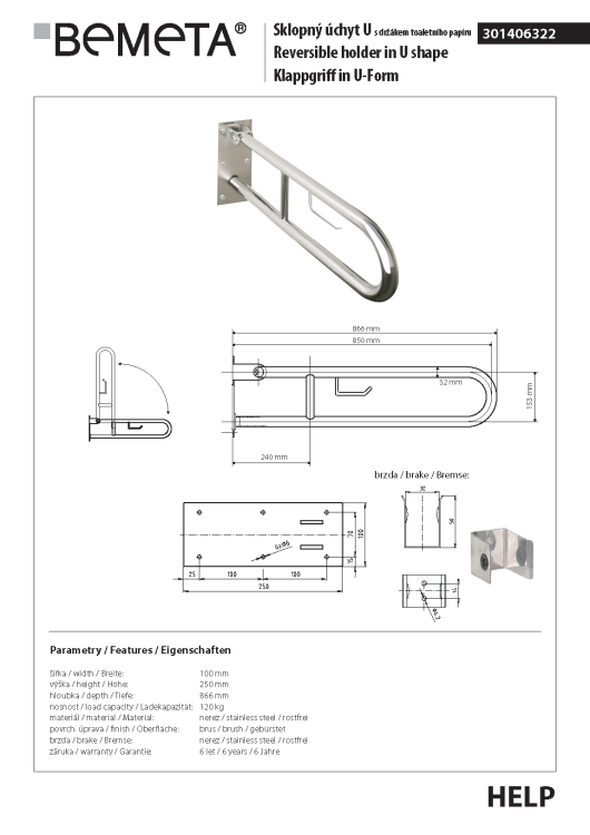 Poręcz łazienkowa składana w kształcie U 850 mm z uchwytem na papier stal szczotkowana 301406322 rysunek techniczny