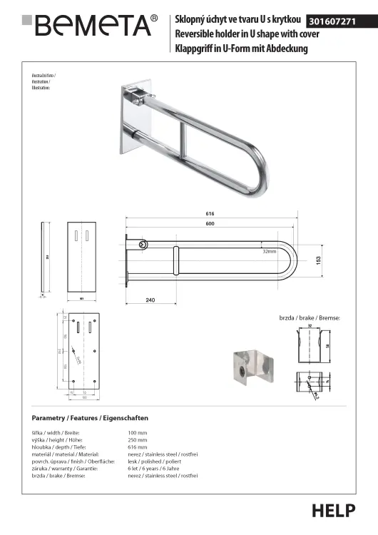 Poręcz łazienkowa uchylna w kształcie U 60cm z kołnierzem osłonowym stal nierdzewna 301607271 rysunek techniczny