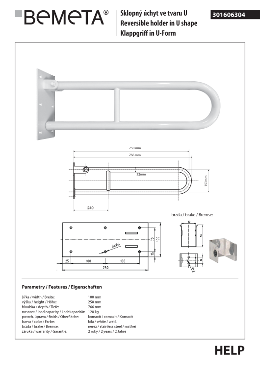 Poręcz łazienkowa składana w kształcie U750 mm biała 301606304 rysunek techniczny