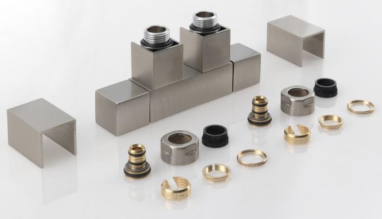 CUBE TWIN Przyłącze grzejnikowe 1/2", prawe, kątowe, nierdz. szczotk. CP582S częsci