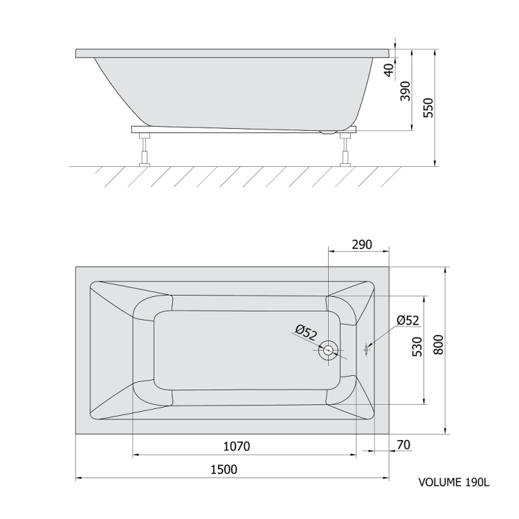NOEMI Wanna akrylowa prostokątna 150x80x39 cm biały mat 71727.11 wymiary