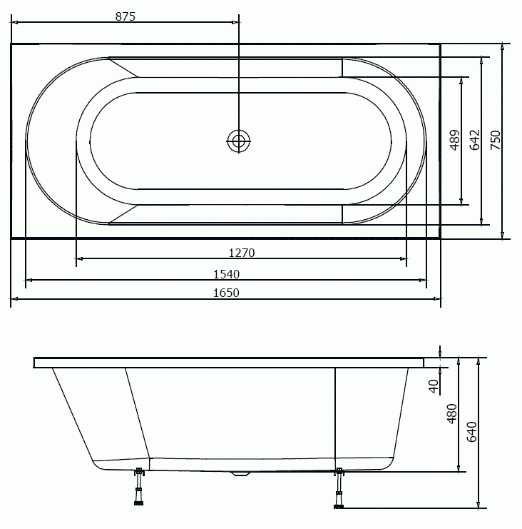 ASTRA B Wanna akrylowa prostokątna 165x75 cm 32611 rysunek techniczny