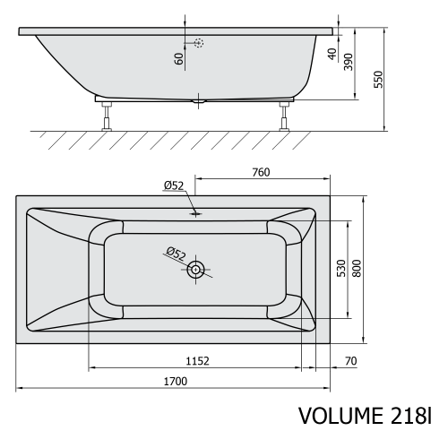 MIMOA Wanna akrylowa prostokątna 170x80 cm biały mat 71713.11 rysunek techniczny