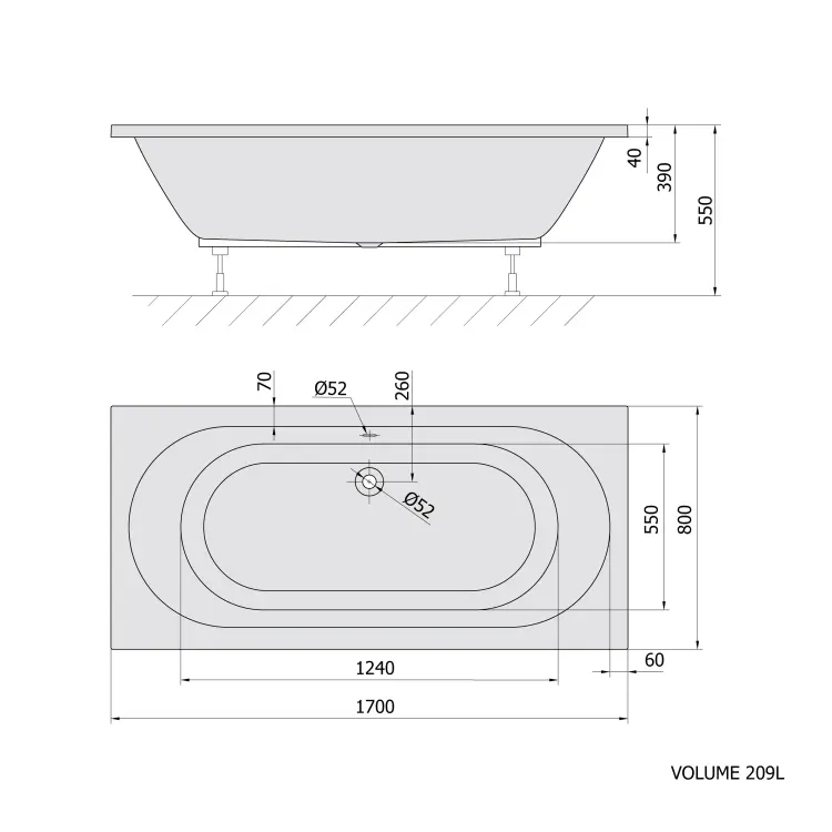 LEVANA Wanna akrylowa prostokątna 170x80 cm czarny mat 71745.21 rysunek techniczny