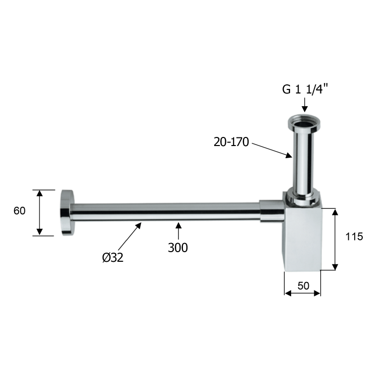 Syfon umywalkowy 1'1/4, odpływ 32 mm, złoty mat SI419 rysunek technicznyy