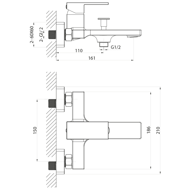 CUBEMIX bateria wannowa ścienna, czarny mat CM010B rysunek techniczny