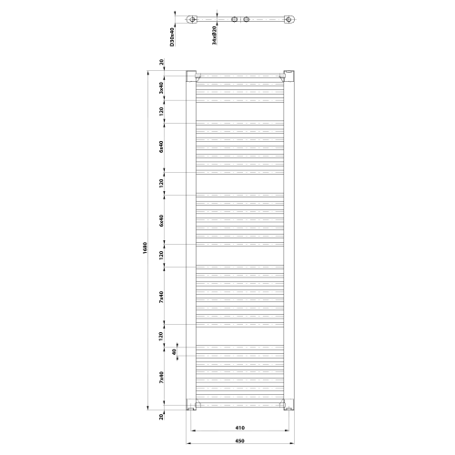 Grzejnik łazienkowy 450 x 1680 mm biały 757 W DIRECT ILR64T Aqualine rysunek techniczny