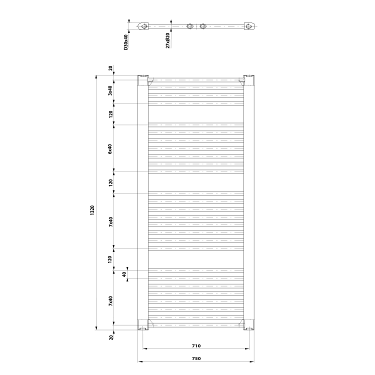 DIRECT Grzejnik łazienkowy 750x1320 mm, 996 W, biały ILR37T rysunek techniczny
