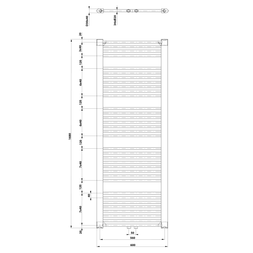 Grzejnik łazienkowy 600 x 1680 mm biały podłączenie środkowe 1013 W DIRECT ELM66T Aqualine rysunek techniczny