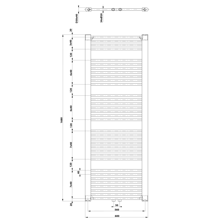 Grzejnik łazienkowy 600 x 1680 mm biały podłączenie środkowe 1013 W DIRECT ELM66T Aqualine rysunek techniczny