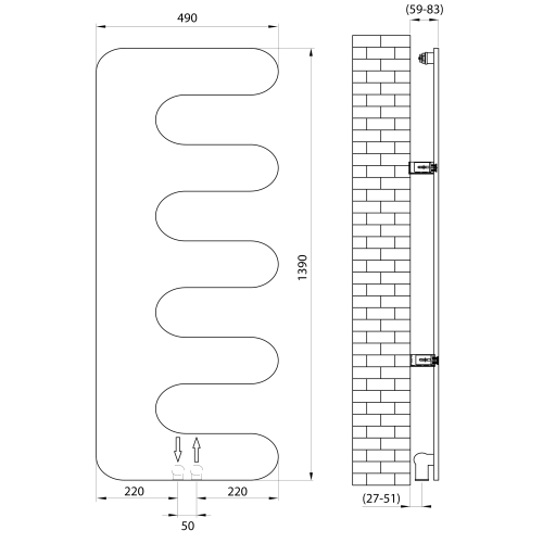EVOLLA grzejnik 490x1390 mm, czarny mat MI1400 rysunek techniczny