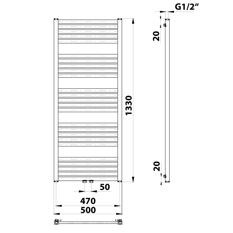 GRUNT grzejnik łazienkowy 500x1330 mm, podłączenie środkowe, czarny mat 600.122.6 rysunek techniczny