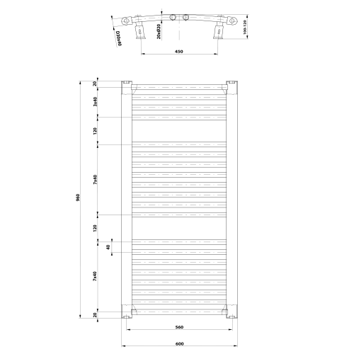 ORBIT grzejnik łazienkowy owalny , 600x960 mm, 597 W, biały ILO96T  rysunek techniczny