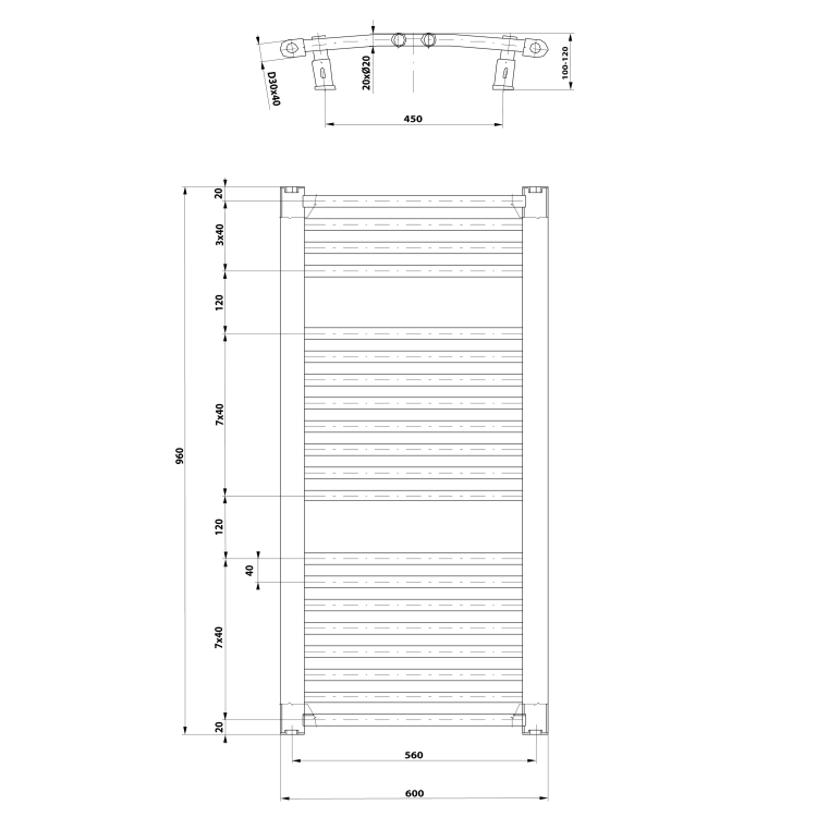 ORBIT grzejnik łazienkowy owalny , 600x960 mm, 597 W, biały ILO96T  rysunek techniczny