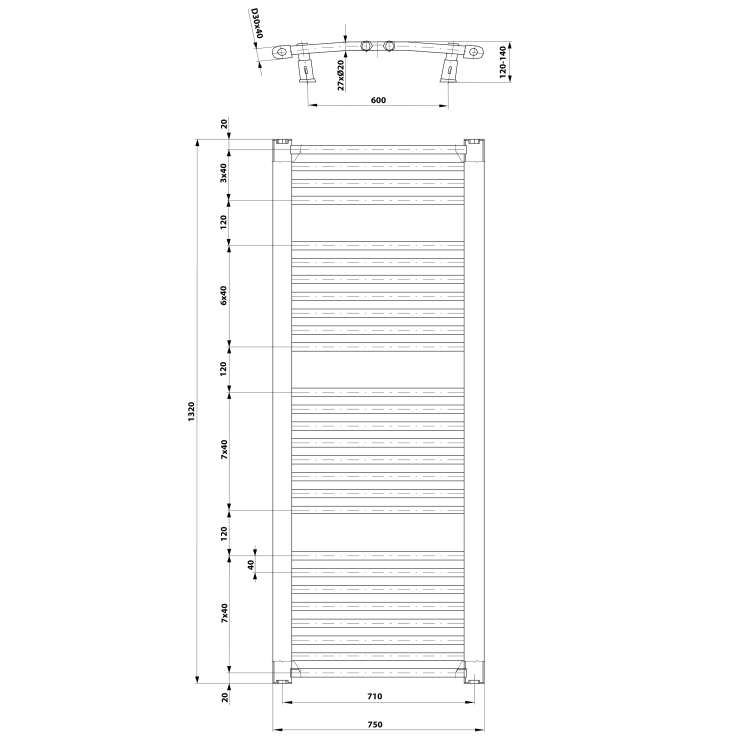 ORBIT grzejnik łazienkowy owalny,750x1320 mm, 996 W, biały ILO37T rysunek techniczny