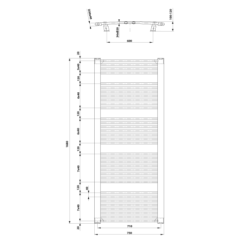 ORBIT grzejnik łazienkowy owalny,750x1680 mm, 1269 W, biały ILO67T rysunek techniczny
