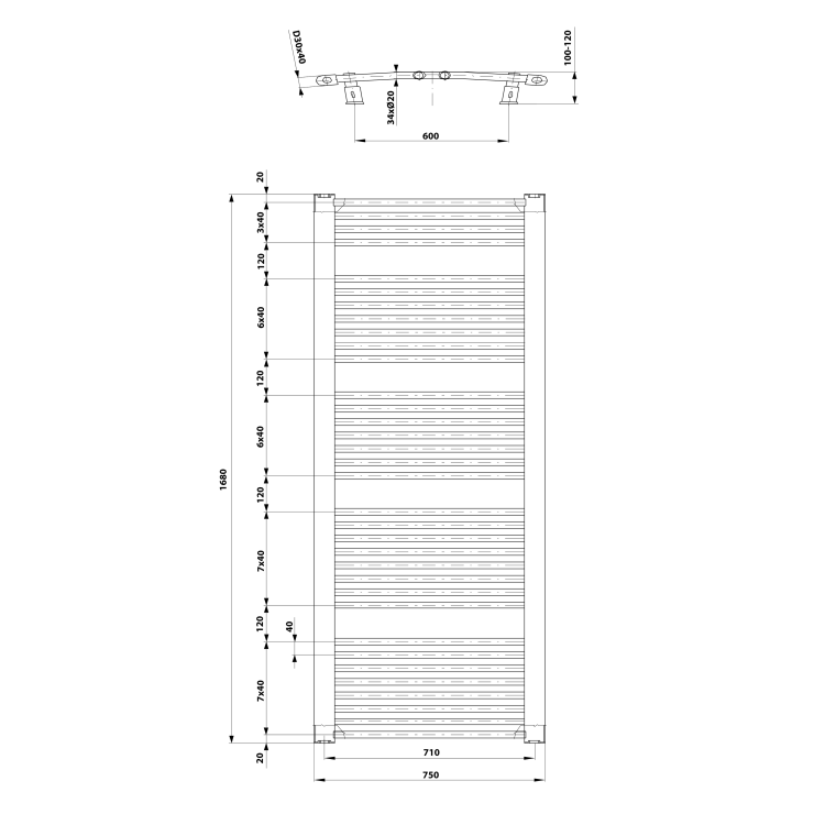 ORBIT grzejnik łazienkowy owalny,750x1680 mm, 1269 W, biały ILO67T rysunek techniczny