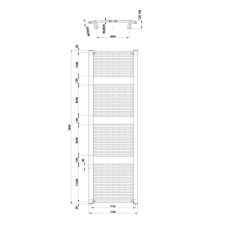 ORBIT grzejnik łazienkowy owalny,750x1850 mm, 1439 W, biały ILO87T rysunek techniczny