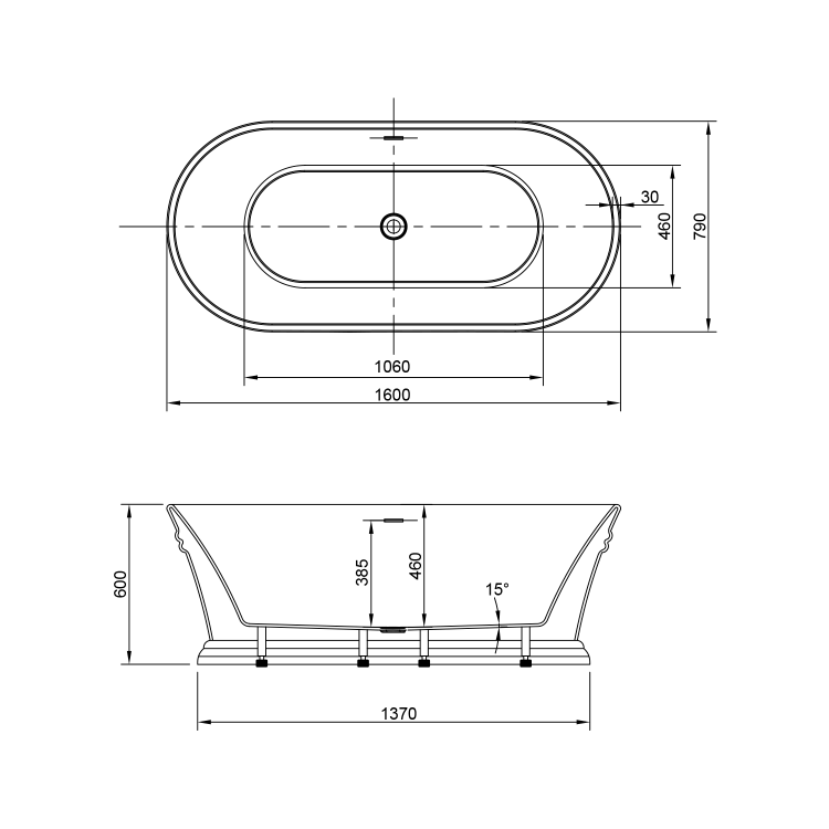 rysunek techniczny ANTIK Wanna wolnostojąca 160x79 cm E2679