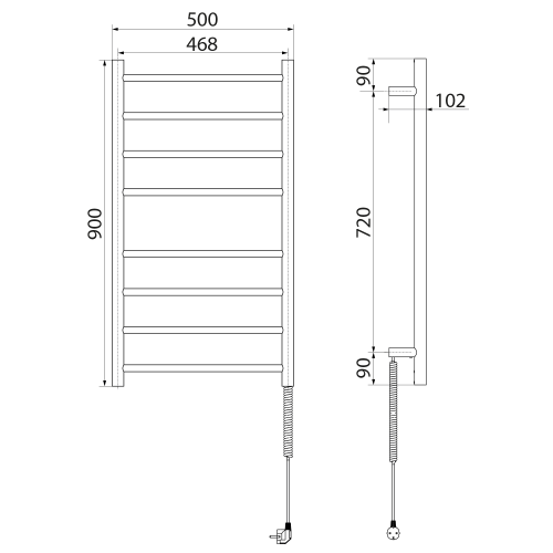 REDONDO elektryczna suszarka na ręczniki 500x900 mm, stal nierdzewna polerowana ER220V rysunek techniczny