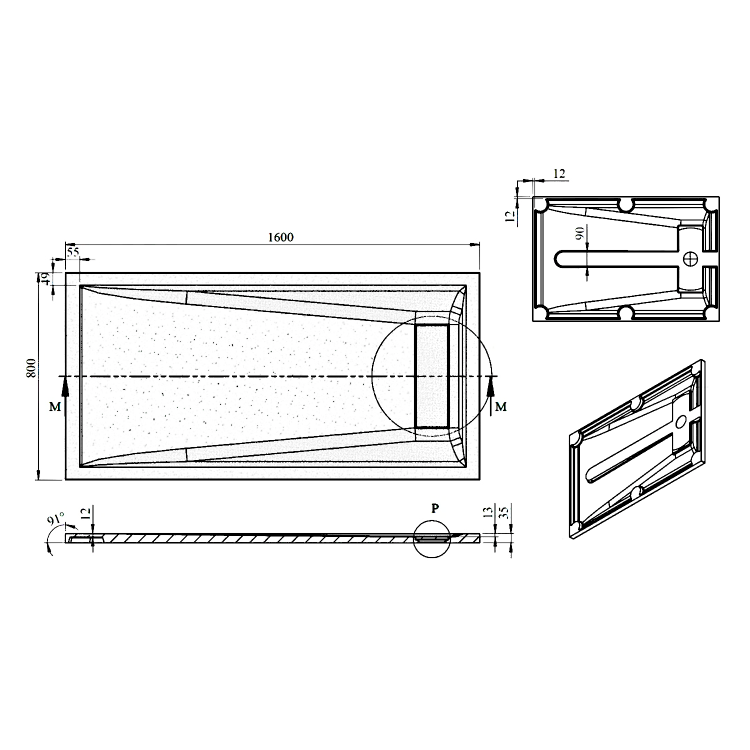 ELEA brodzik prysznicowy, prostokąt 160x80cm, biały PEL16080 rysunek techniczny
